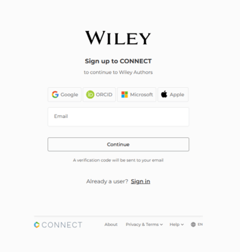 CONNECT registration screen for Wiley Authors