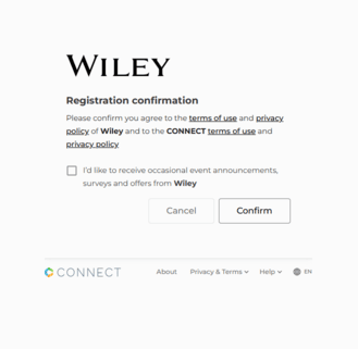 CONNECT registration screen for accepting the terms of use and privacy policy